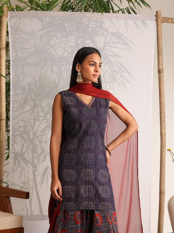 Khushal K Women Cotton kurti and Farshi Salwar with dupatta set - Blue