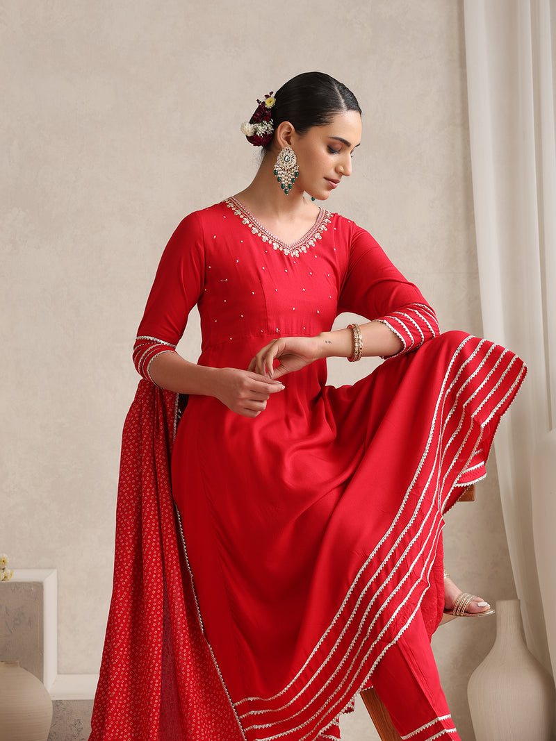 Khushal K  Red v-Neck Anarkali Rayon Kurta kurta set