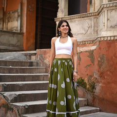 Khushal K Women's Green Printed Cotton Flared Maxi Skirt