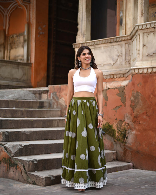 Khushal K Women's Green Printed Cotton Flared Maxi Skirt