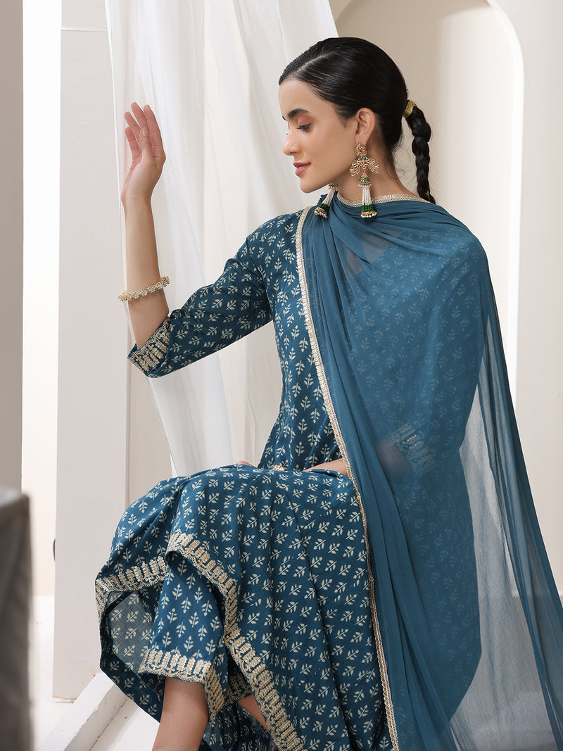 Women Floral Printed Cotton Kurta with Palazzo & Dupatta