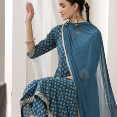 Women Floral Printed Cotton Kurta with Palazzo & Dupatta
