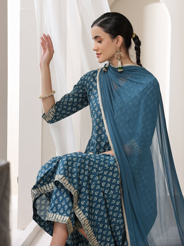 Women Floral Printed Cotton Kurta with Palazzo & Dupatta