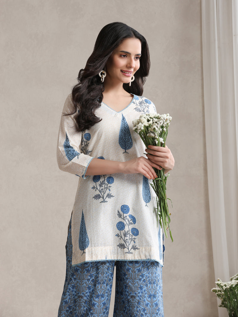 Floral Printed Cotton V-Neck Tunic With Palazzo Co-Ords