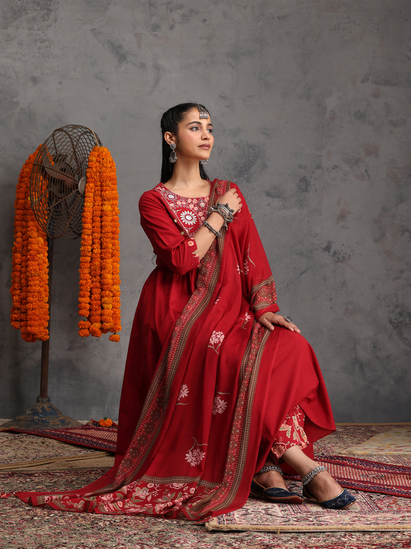 Khushal K Women Cotton Kurta Palazzo Dupatta Set - Maroon