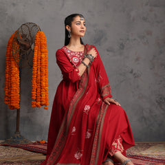 Khushal K Women Cotton Kurta Palazzo Dupatta Set - Maroon