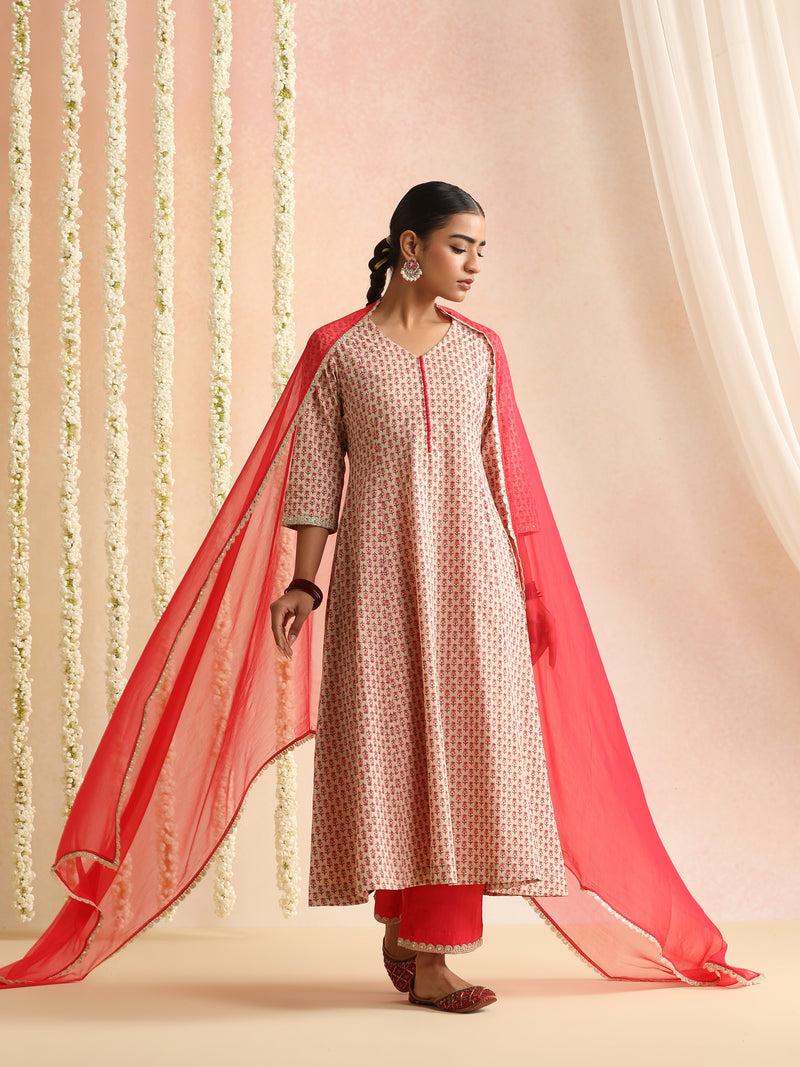 Women Ethnic Motifs Printed Pure Cotton Kurta & Trouser With Dupatta