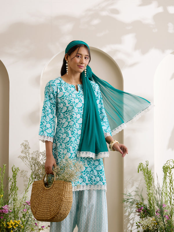 Khushal K Women Cotton Kurti And Farshi Salwar  With Dupatta Set - Green