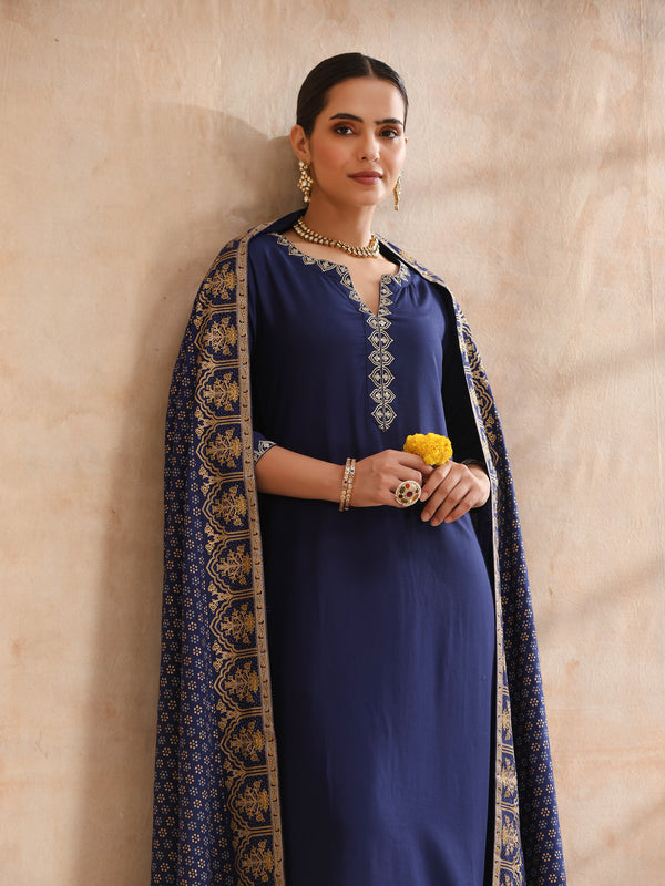 Ethnic Motifs Embroidered V-Neck Thread Work Kurta With Trousers & Dupatta