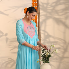 Khushal K Women Cotton Kurta and Palazzo With Dupatta Set - Turquoise Blue