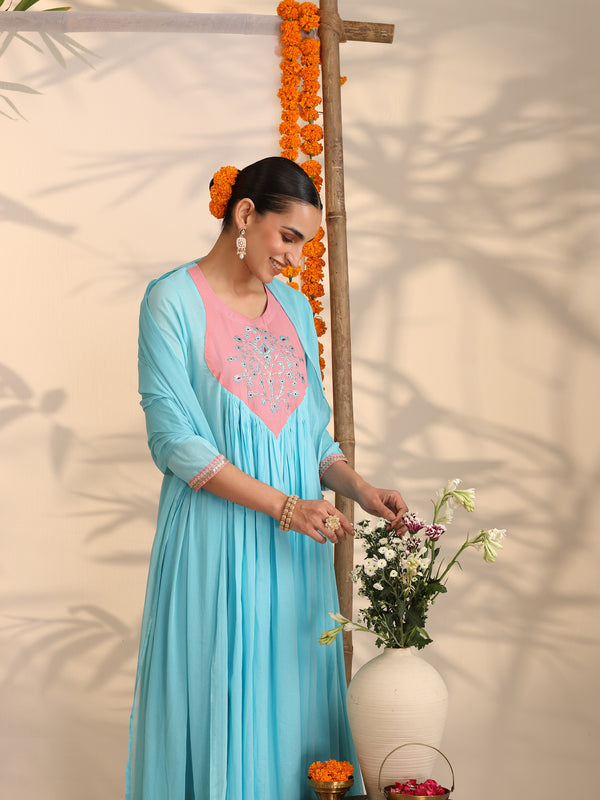 Khushal K Women Cotton Kurta and Palazzo With Dupatta Set - Turquoise Blue