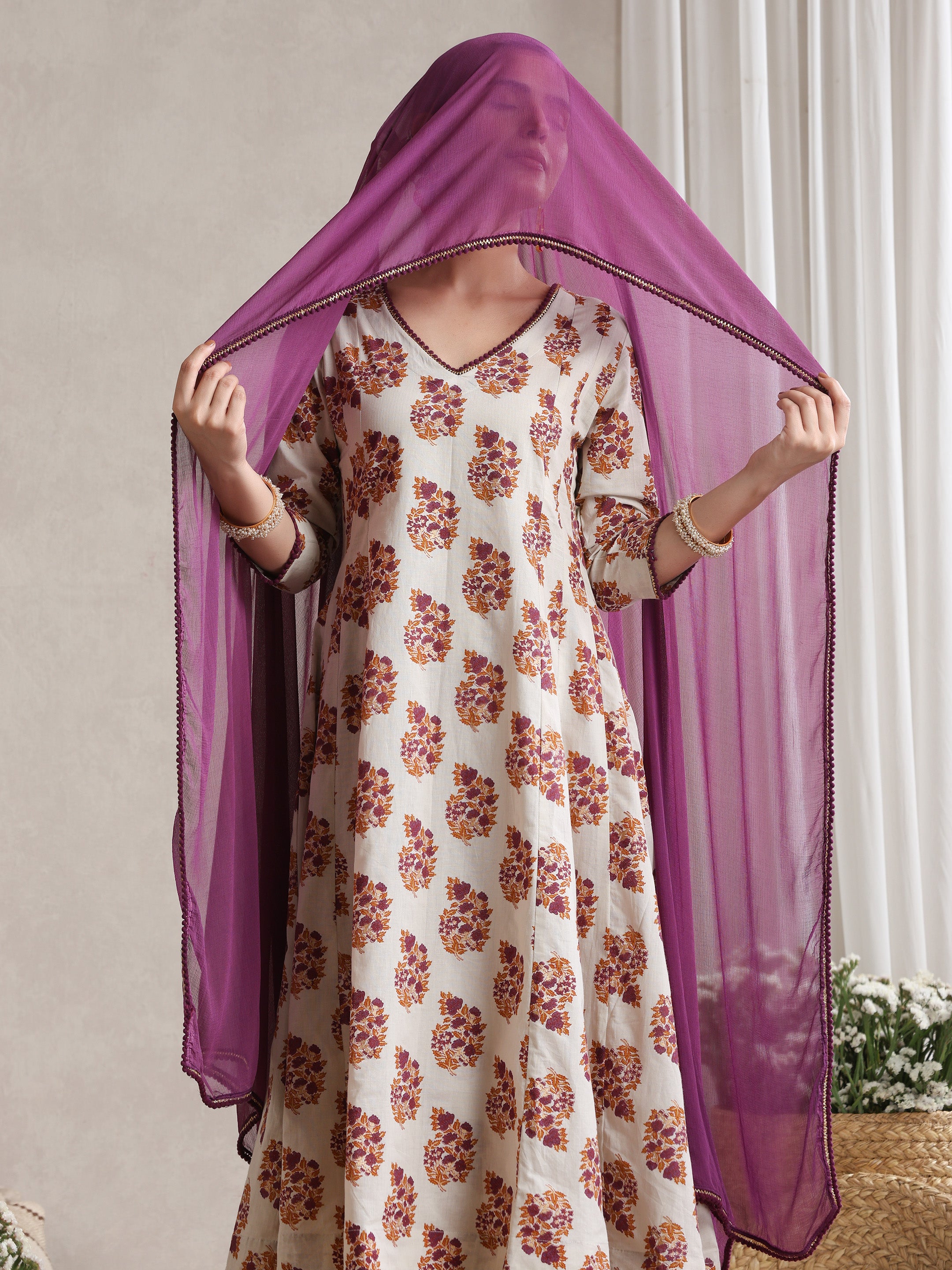 Floral Printed V-Neck Pure Cotton A-Line Kurta with Trousers And Dupatta