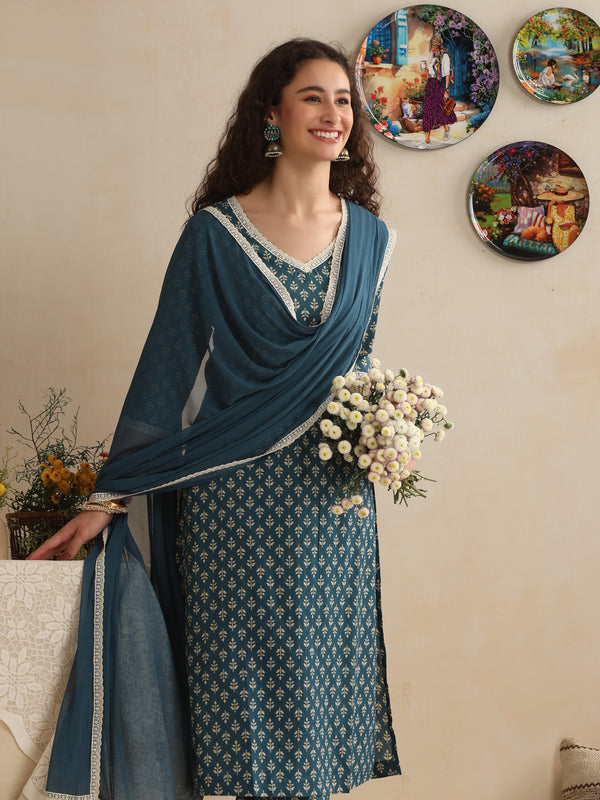 Khushal K Women Floral Printed Regular Pure Cotton Kurta & Palazzo With Dupatta