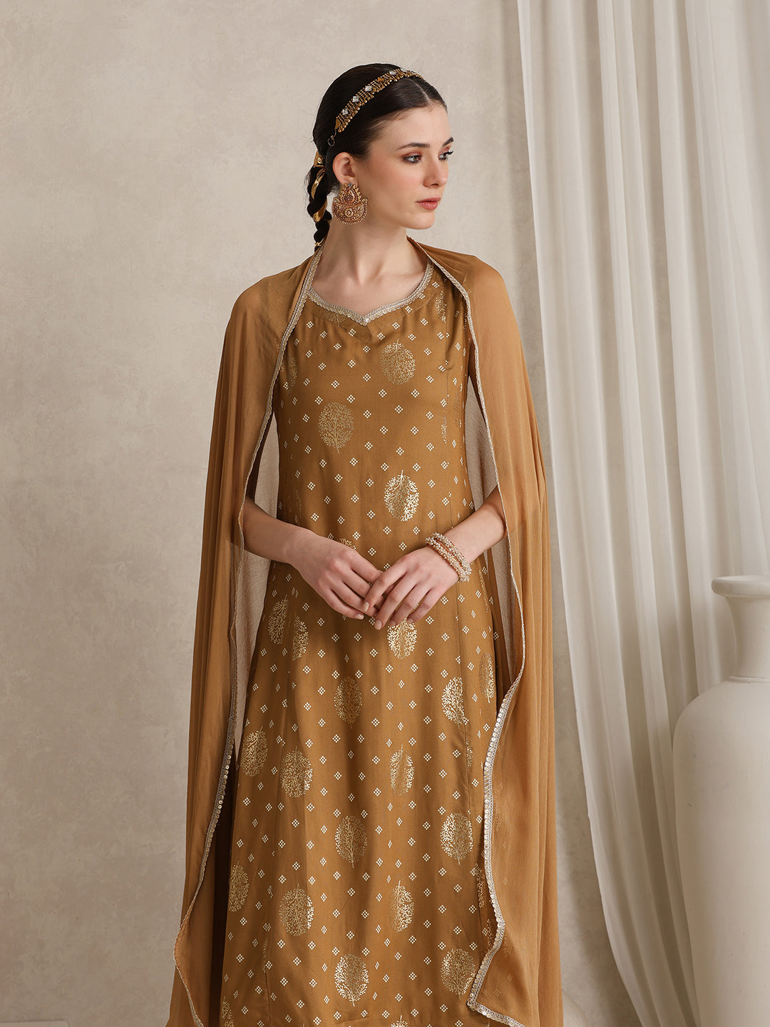 Embroidered Panelled Anarkali Kurta With Trouser & Dupatta