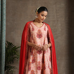 Floral Printed Pure Cotton Anarkali Kurta With Palazzos And Dupatta