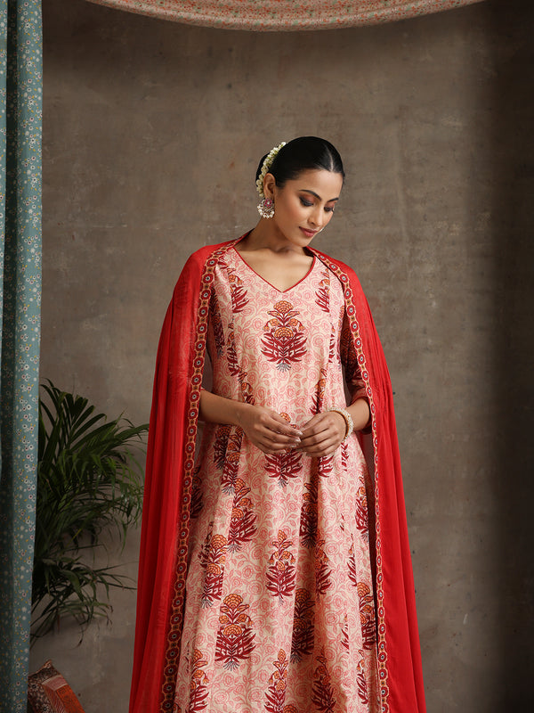 Floral Printed Pure Cotton Anarkali Kurta With Palazzos And Dupatta