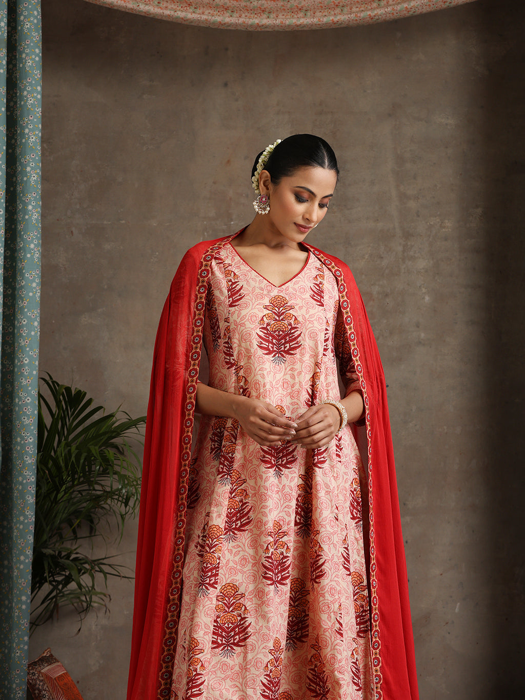 Floral Printed Pure Cotton Anarkali Kurta With Palazzos And Dupatta