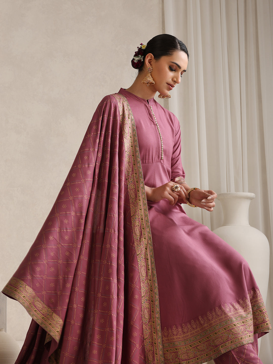 Pink printed Kurta with Palazzos with dupatta
