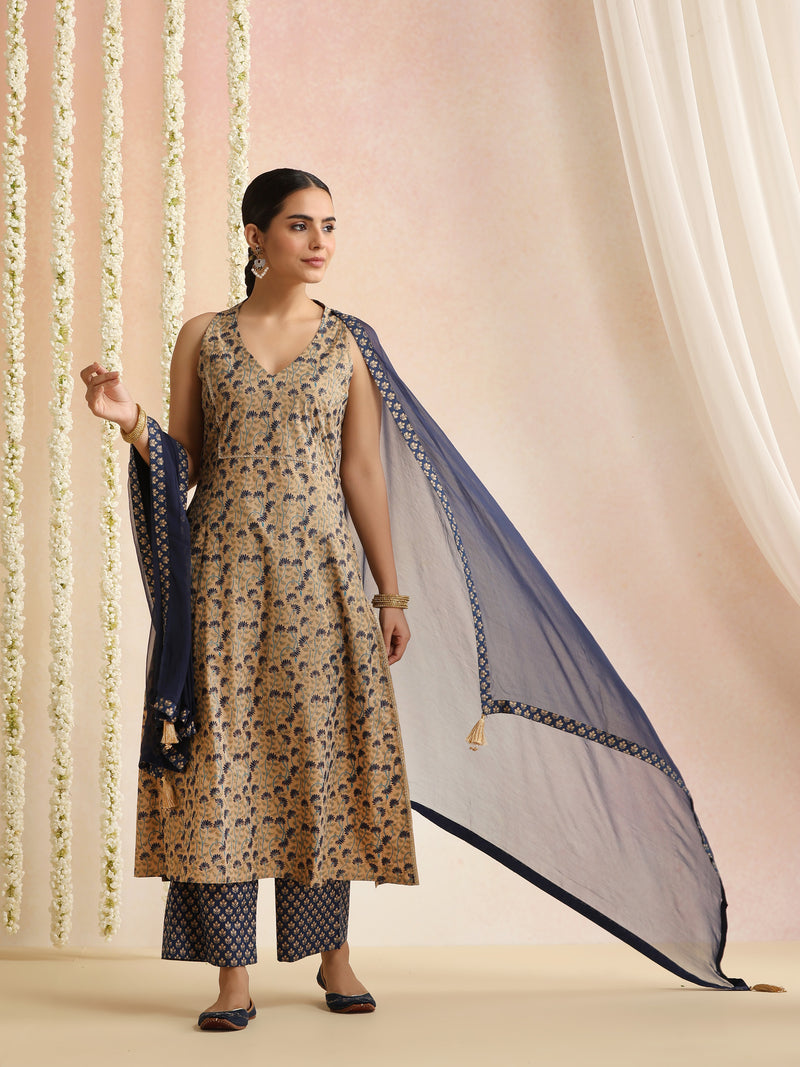 Beige & Navy Blue Printed Kurta with Palazzos & Dupatta Set