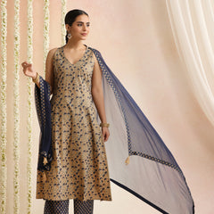 Beige & Navy Blue Printed Kurta with Palazzos & Dupatta Set