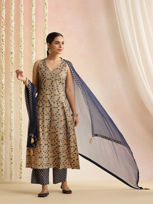 Beige & Navy Blue Printed Kurta with Palazzos & Dupatta Set