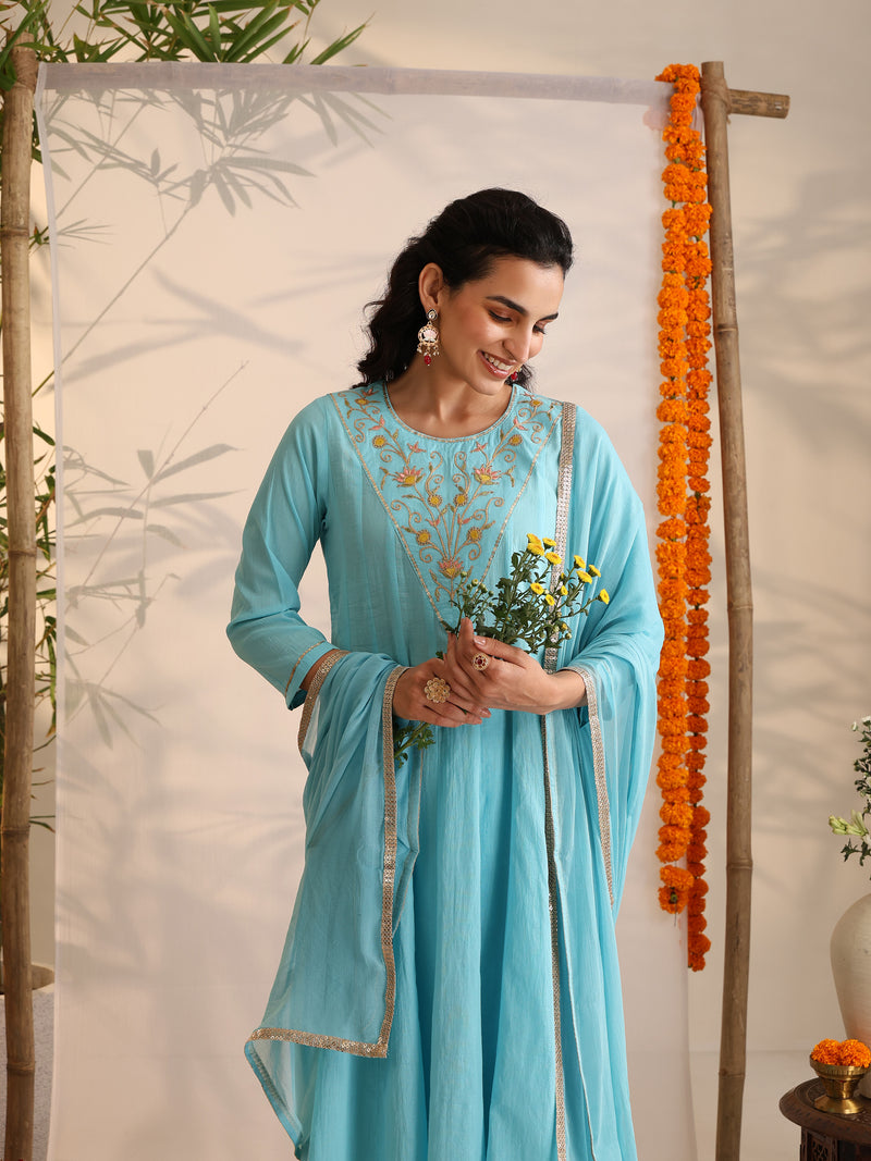 Khushal K Women Cotton Kurta and Palazzo With Dupatta Set - Turquoise Blue
