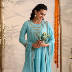Khushal K Women Cotton Kurta and Palazzo With Dupatta Set - Turquoise Blue