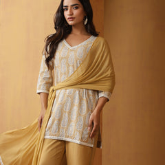 Paisley Printed Pure Cotton Straight Kurta With Palazzo And Dupatta