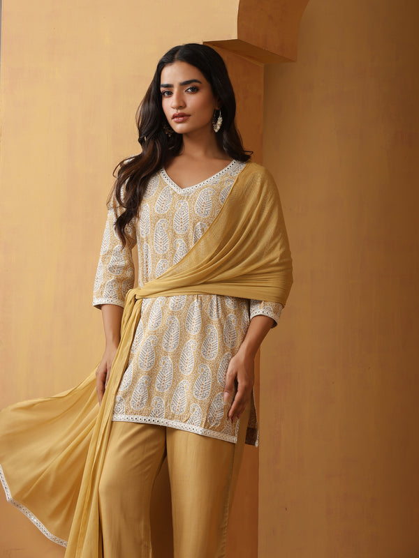 Paisley Printed Pure Cotton Straight Kurta With Palazzo And Dupatta