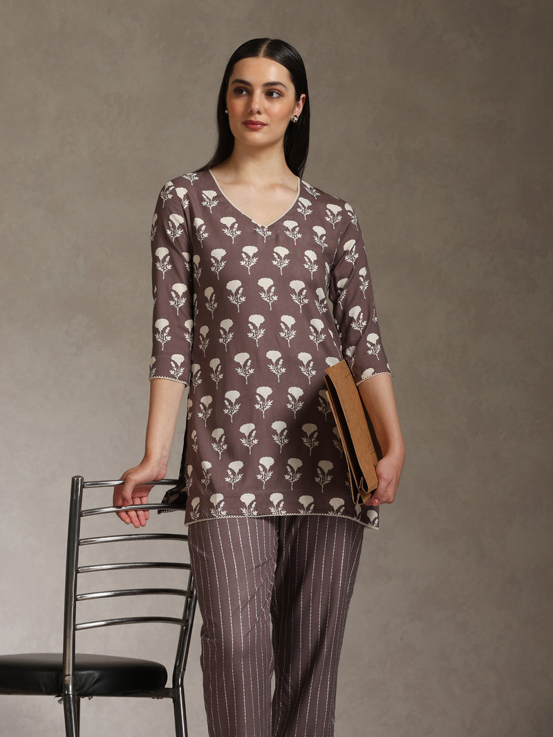 Floral Printed V-Neck Cotton Cord Set