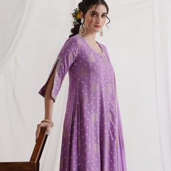 Floral Printed Round Neck Thread Work A-Line Kurta With Trousers & Dupatta
