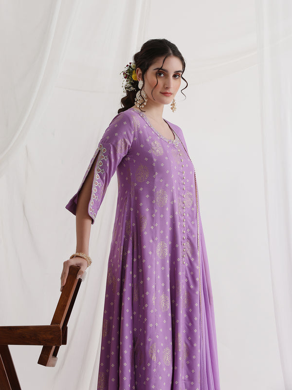 Floral Printed Round Neck Thread Work A-Line Kurta With Trousers & Dupatta