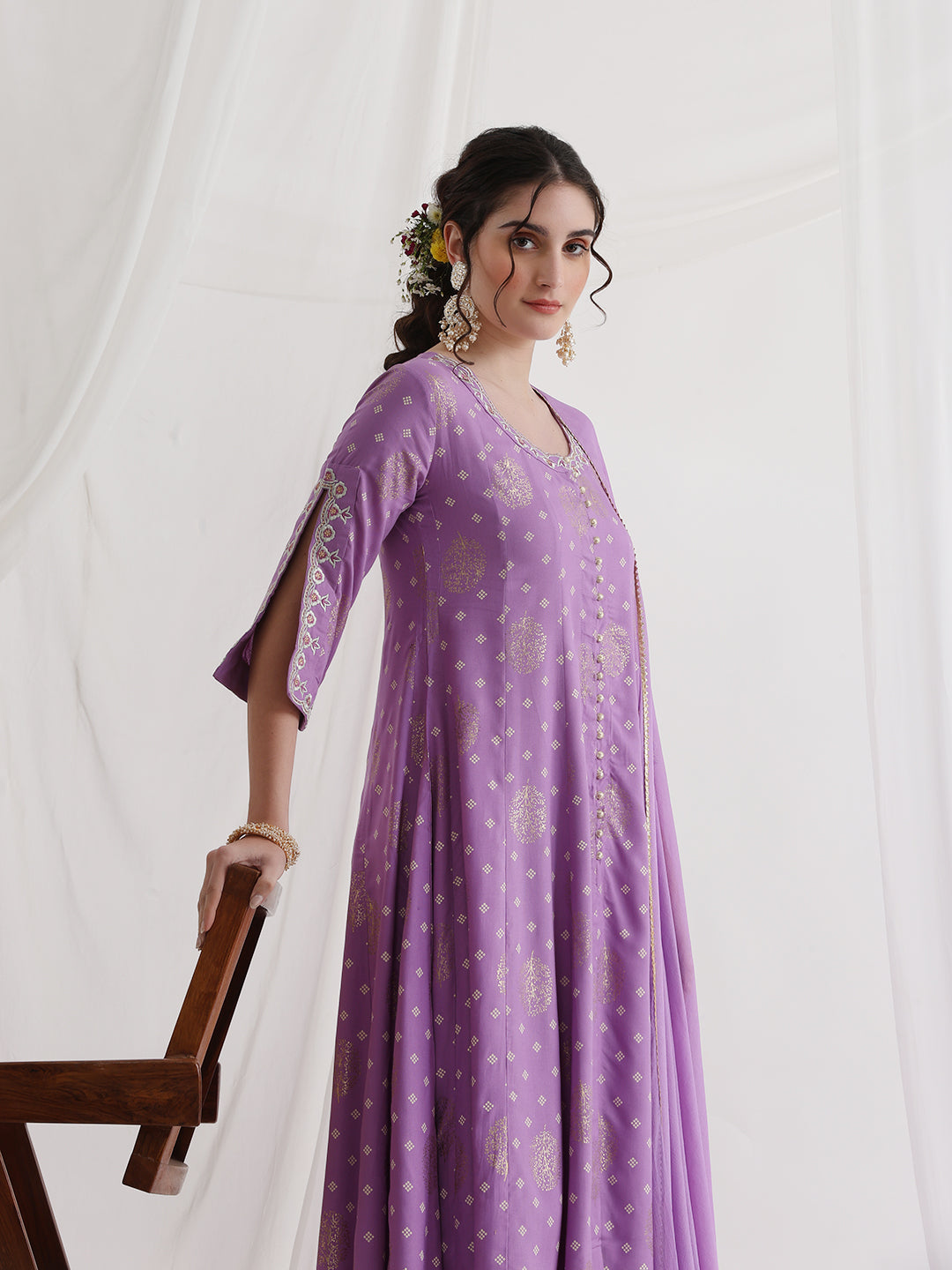 Floral Printed Round Neck Thread Work A-Line Kurta With Trousers & Dupatta