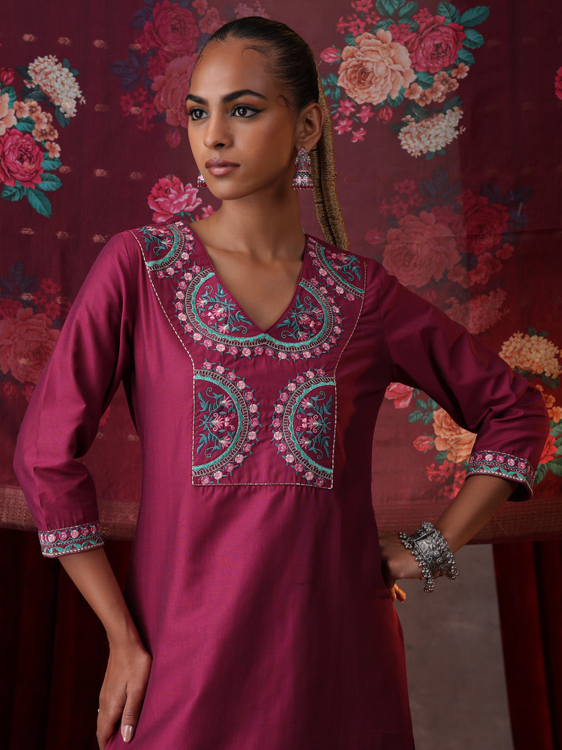 Khushal K Women Pure Silk magenta Embroidered Kurta & Palazzo With Dupatta
