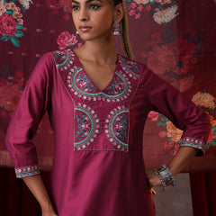 Khushal K Women Pure Silk magenta Embroidered Kurta & Palazzo With Dupatta