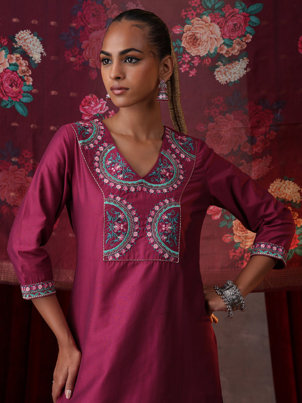Khushal K Women Pure Silk magenta Embroidered Kurta & Palazzo With Dupatta