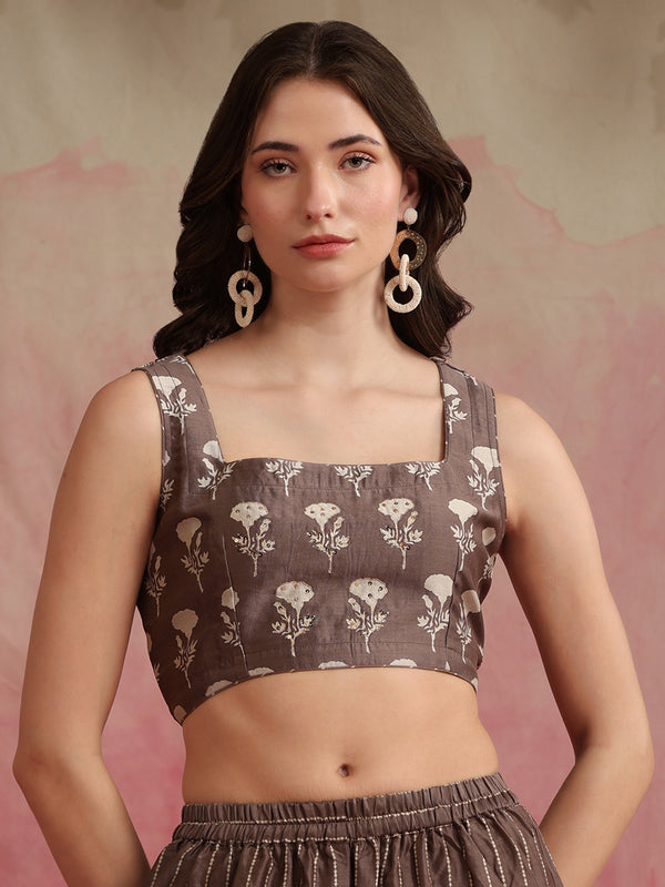 Printed Crop Top & Striped Pant Set with Jacket