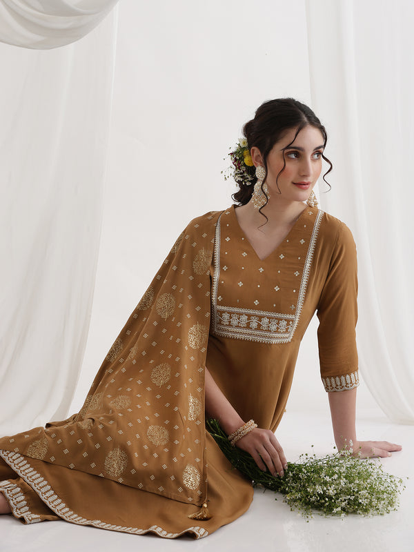 Khushal K Ethnic Motifs Brown  Anarkali Sequinned Kurta set