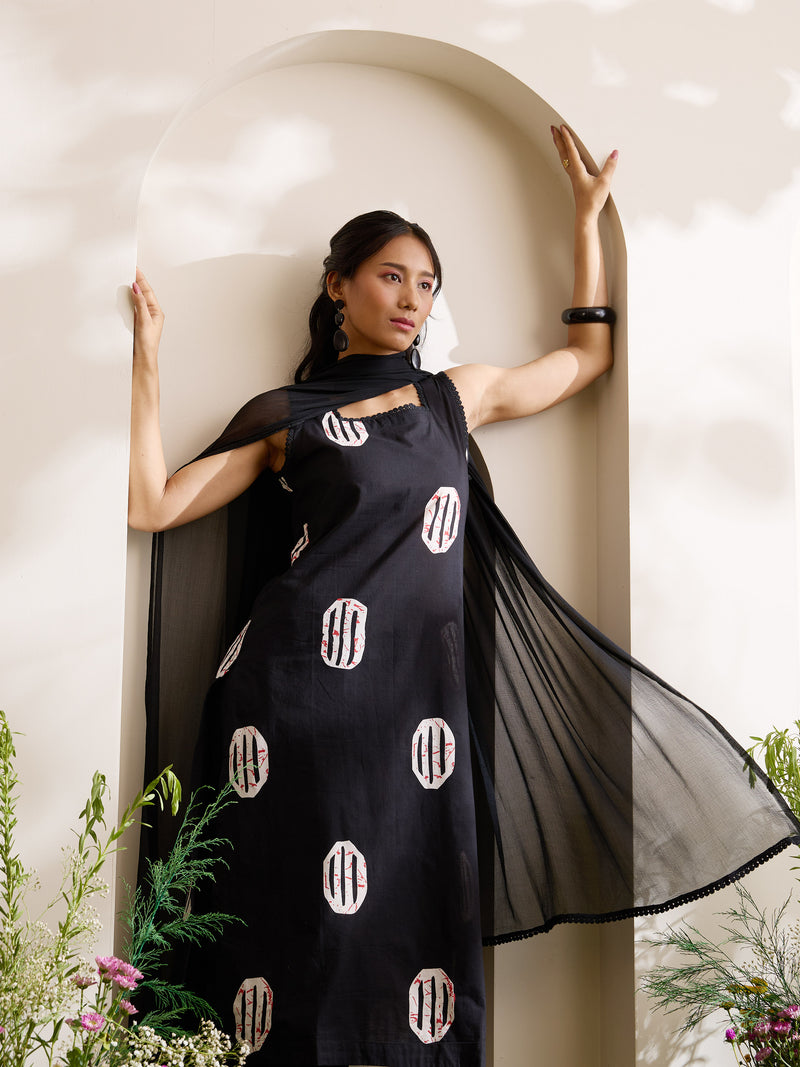 Khushal K Women Cotton Kurta And Palazzo With Dupatta Set - Black