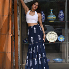Khushal K Women's Blue Printed Cotton Flared Maxi Skirt