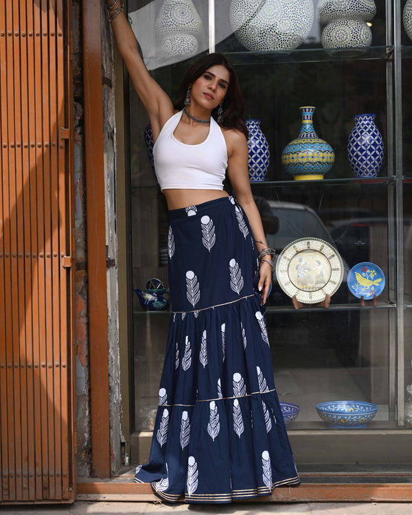 Khushal K Women's Blue Printed Cotton Flared Maxi Skirt