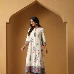 Khushal K Floral Printed Mandarin Collar Pure Cotton A-Line Kurta set