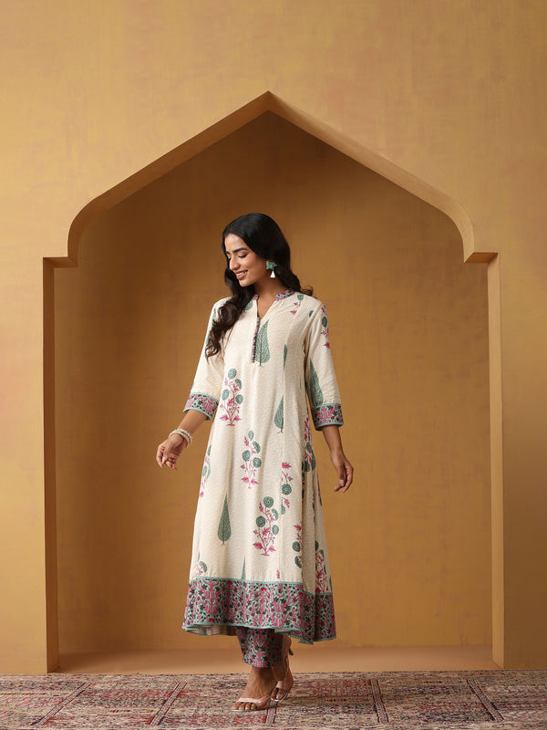 Khushal K Floral Printed Mandarin Collar Pure Cotton A-Line Kurta set
