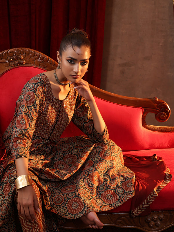 Khushal K Women Cotton kurta and palazzo with dupatta set - Rust
