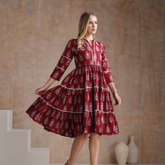 Women Floral Printed Mandarin Collar A-Line Tiered Midi Dress