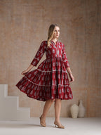 Women Floral Printed Mandarin Collar A-Line Tiered Midi Dress