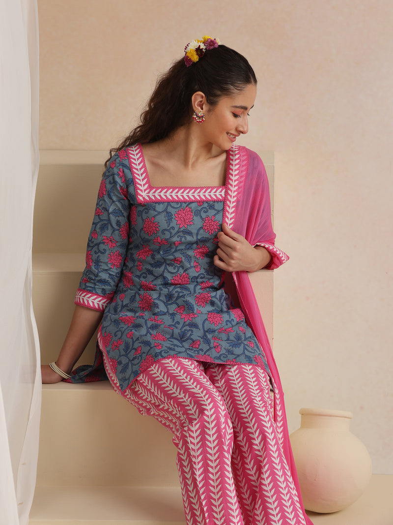 Khushal K Women Cotton Kurta Palazzo Dupatta Set - Blue