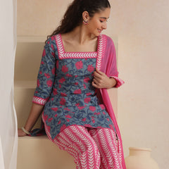 Khushal K Women Cotton Kurta Palazzo Dupatta Set - Blue