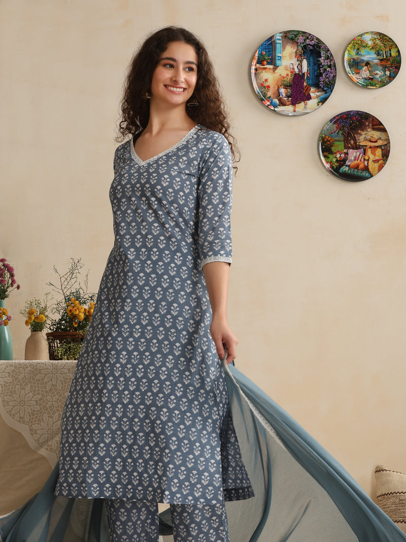 Khushal K Women Blue Floral Printed Regular Pure Cotton Kurta & Palazzo With Dupatta