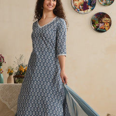 Khushal K Women Blue Floral Printed Regular Pure Cotton Kurta & Palazzo With Dupatta